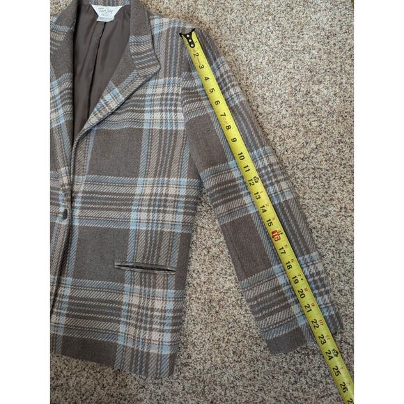 Vintage Tan Jay Women's Blazer Jacket Size 12 Gray Blue Plaid Wool Blend Lined - Picture 7 of 8